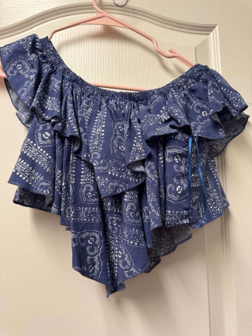 Blue Off-Shoulder Ruffle Crop Top